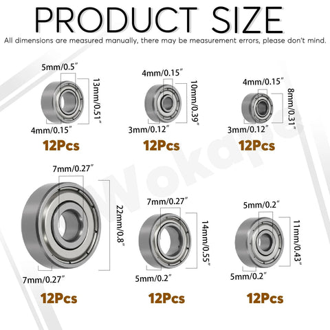 Front view of Wokape bearings set: six sizes of double-shielded miniature deep groove ball bearings, 72 pcs total.