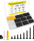 Wood Screws Assortment Kit 500 Piece Set With Short Cabinet Screws Phillips Flat Head Self Tapping Black Carbon Steel Rust Resistant Pro Grade Hardware For Home Improvement And DIY Projects Includes 50 M6 Anchors displayed in a kit box.
