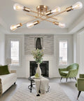 Living room with Dope Sputnik Chandelier Semi Flush Mount Ceiling Light With E26 Base 6 Light Brass Industrial Mid Century Farmhouse Fixture