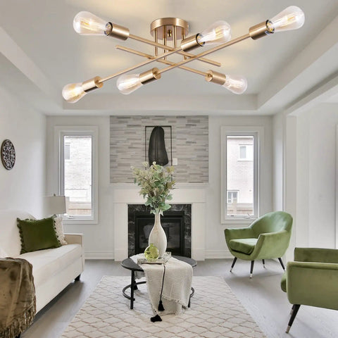 Living room with Dope Sputnik Chandelier Semi Flush Mount Ceiling Light With E26 Base 6 Light Brass Industrial Mid Century Farmhouse Fixture