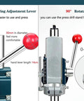 Rock Solid Drill Press Stand For Hand Drill With Vise showcasing adjustable lever and 90-degree rotatable feature with red knob