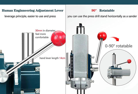 Rock Solid Drill Press Stand For Hand Drill With Vise showcasing adjustable lever and 90-degree rotatable feature with red knob