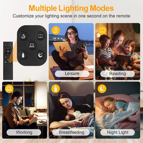Multiple lighting modes for Bright LED Floor Lamp 30W 3000LM Torchiere, remote control showing leisure, reading, working, breastfeeding, night light