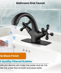 Matte Black Single Hole Bathroom Faucet With Cross Handles Lavatory Vessel Sink Mixer Tap No Fuss Install Pop Up Drain Deck Plate Solid Brass Build Anti Rust Finish Low Flow 1.19 GPM on sink