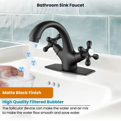 Matte Black Single Hole Bathroom Faucet With Cross Handles Lavatory Vessel Sink Mixer Tap No Fuss Install Pop Up Drain Deck Plate Solid Brass Build Anti Rust Finish Low Flow 1.19 GPM on sink