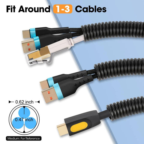 Close-up of black spiral wrap fitting 1-3 USB cables, 120 Ft Split Wire Loom Half Inch Black Tube Conduit For Automotive Wiring Protects Wires Under Hood With Easy Split Design High Heat Resistant Polyethylene.