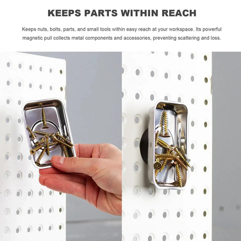 Two Pack Magnetic Tray Holders Pro Grade Stainless Steel 3.6 By 2.5 Inch Rectangular Trays With Strong Magnets holding screws on a white pegboard