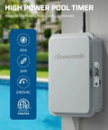 High power pool timer showing heavy duty pool pump timer switch built tough 2HP 40A 120 277VAC 24 hour programmable on off ETL listed.
