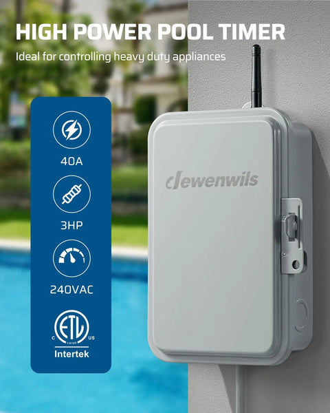 High power pool timer showing heavy duty pool pump timer switch built tough 2HP 40A 120 277VAC 24 hour programmable on off ETL listed.