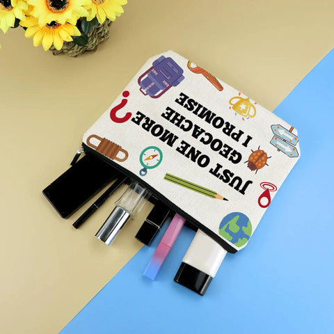 Geocaching Themed Makeup Bag For Women, Outdoor Treasure Hunter Gift, 10x7 inch cosmetic pouch with zipper, items visible
