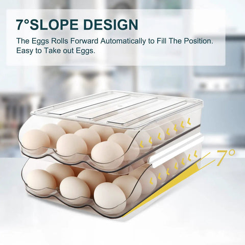 Auto Rolling Egg Holder For Fridge With Lid Large Capacity Clear Plastic Egg Dispenser Tray on 7-degree slope