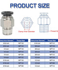 Diagram of Five Pack Beefy NPT Push To Connect Air Fittings Male Straight 1/4 Inch Tube OD To 1/4 Inch NPT Thread.