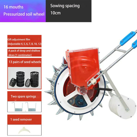 Manual Seed Planter Tool For Garden And Farm Portable Push Seeder With Seed Wheel And Spare Spring shown with accessories.