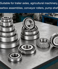 Tapered Roller Bearing Cone And Cup Set For 1.5 Inch Bore, 2.717 Inch Outer Diameter, 1.031 Inch Width, Chrome Steel High Strength Bearing Kit For Heavy Loads, Smooth Spins And Durable Performance, shown with assorted bearing sets on a workbench