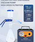 LVDALAB oil-free diaphragm vacuum pump, front view; orange/blue panel with gauge and two silicone hoses.