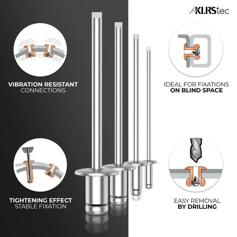 500-Piece Heavy Duty Aluminum Pop Rivet Assortment Kit With Steel Mandrels 3/32 1/8 5/32 3/16 Inch with clear images of rivets and features.