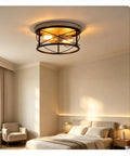 Two Light Rustic Oak White Flush Mount Ceiling Light With Black Open Cage, Cozy Farmhouse Industrial Vibe in bedroom