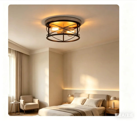 Two Light Rustic Oak White Flush Mount Ceiling Light With Black Open Cage, Cozy Farmhouse Industrial Vibe in bedroom