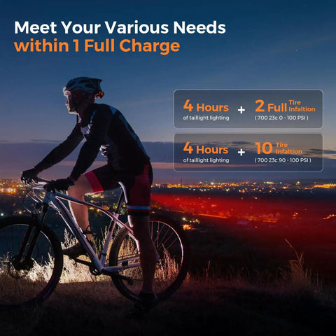 Silhouetted cyclist with digital display of Mini Portable Bike Pump With Slick Digital Gauge And Taillight 130 PSI Electric Air Pump.