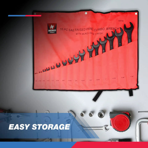 Heavy Duty Jumbo Combination Wrench Set 16 Piece SAE From 1/4 Inch To 1-1/4 Inch in red roll case with black oxide finish