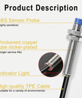 Compact M8 Inductive Proximity Sensor Switch With 2mm Sensing Distance highlighted with ABS probe and TPE cable features.