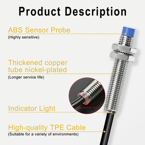 Inductive Proximity Sensor Switch M8 5V DC, 200mA Output, NPN Normally Open, 2mm sensing, non shield type, thickened copper tube, ABS probe.