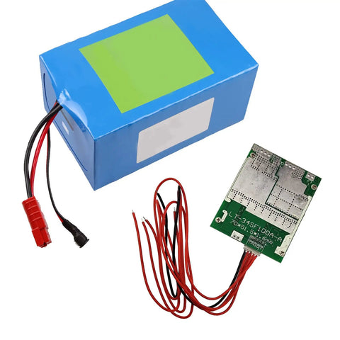 Beefy 4S 100A 12V BMS Protection Board With Smooth Cell Balancing For LiFePO4 Battery Banks, blue box and connection wires included.
