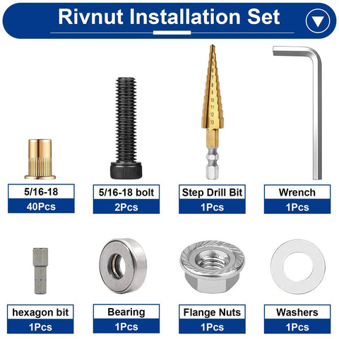 40-Piece 5/16 Rivet Nut Installation Tool Set 5/16-18 Carbon Steel Zinc Flat Head Nutsert Kit components overview
