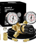 Front view of RX WELD argon regulator with dual gauges, CGA580 inlet, brass body and attached hose