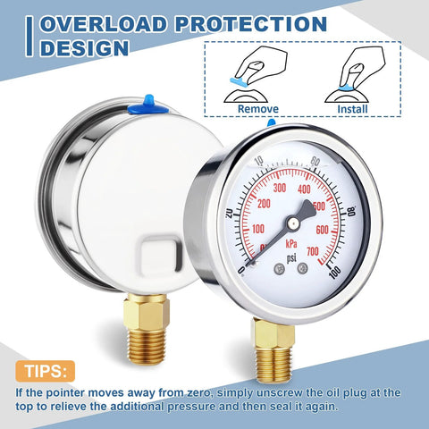 Front view of a 2.5-inch glycerin-filled pressure gauge with brass 1/4 inch NPT lower mount in a stainless steel case.