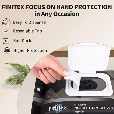 Hands dispensing Heavy Duty 3.5 Mil Nitrile Disposable Gloves In Bold Black from resealable soft pack for protection.