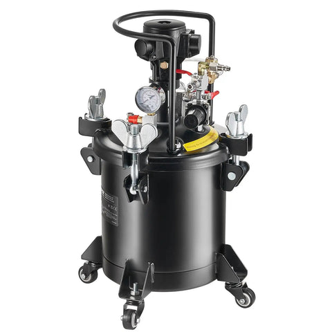 No Sweat Automatic Stirring Spray Paint Pressure Pot Two Point Five Gallon Air Powered Paint Mixer Tank with adjustable pressure gauge.
