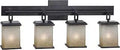 Plateau 4 Light Vanity Light With Oil Rubbed Bronze Finish, slick geometric frame, amber marble glass, casual style bath fixture
