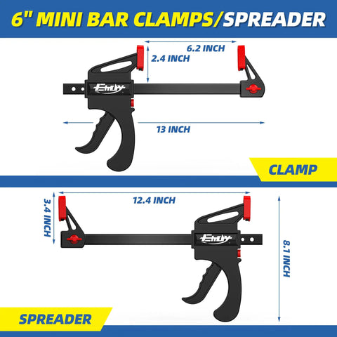 Illustration of One Handed Bar Clamps for Woodworking Set 6 Inch F Clamp with Quick Change Mechanism showing dimensions.