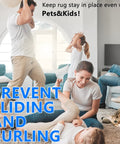 Family playing in living room with Non Slip Carpet Tape Kit 24 Pieces Edge Fixer on rug to stop curling and slippage