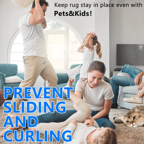 Family playing in living room with Non Slip Carpet Tape Kit 24 Pieces Edge Fixer on rug to stop curling and slippage