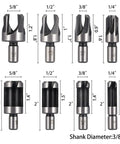 Top Shelf Carbon Steel Wood Plug Cutter Set With Taper Claw Bits And Chamfered Edge Cutters In 5/8 1/2 3/8 1/4 Inch Sizes displayed with sizes and shank diameter.