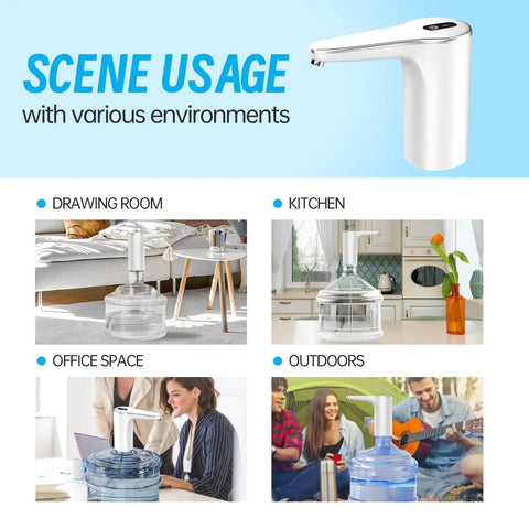 5 Gallon Water Bottle Pump Dispenser With USB Charging shown in different environments like living room, kitchen, office, and outdoors.