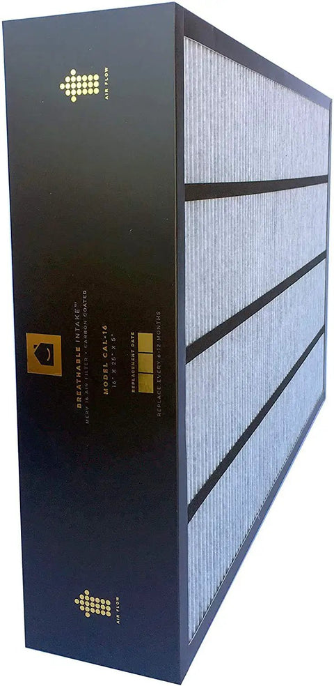 Ultra Low Pressure Drop MERV 16 Air Filter for HVAC Systems 20x25x5 shown in black frame with pleated design