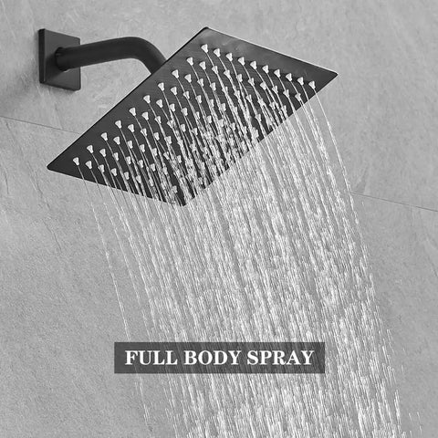 Matte Black Rain Shower System With Stainless Steel Shower Head, Wall Mount Design, Single Function Trim Kit With Rough In Valve, Brass Valve Construction, Easy Install Bathroom Shower Set