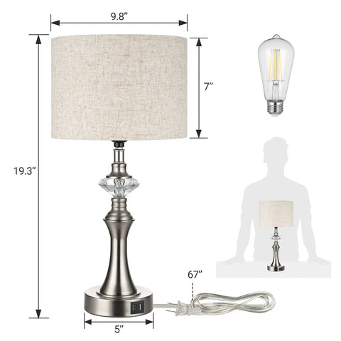 Bedside Table Lamp With Two USB Ports And Three Way Dimmable Touch Control, Crystal Accent Table Lamp With Fabric Shade, 19.3 By 9.8 Inches