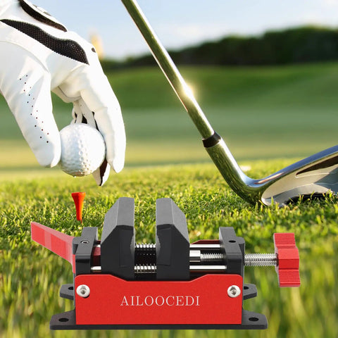 Instant Release Golf Club Vise Clamp for Aluminum Table Vise Woodworking Rubber Clamp next to golf club and ball on grass