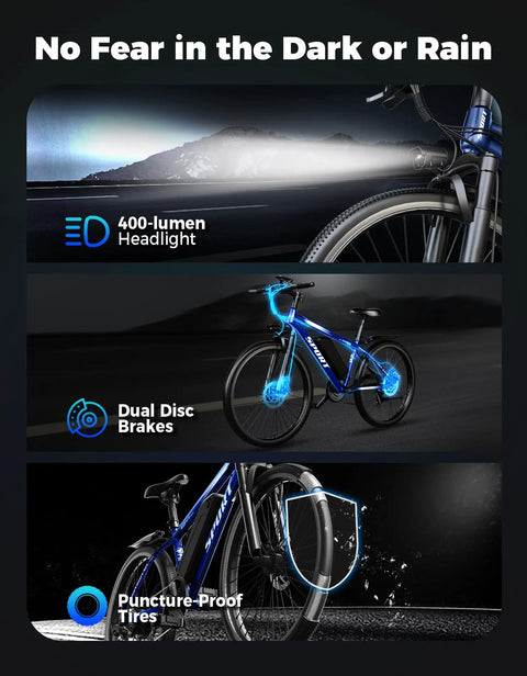 Beast Mode 1500W Peak Mountain Electric Bike with 400-lumen headlight, dual disc brakes, and puncture-proof tires for adults