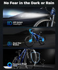 1500W Peak Electric Mountain Bike For Adults with highlight on LED headlight, dual disc brakes, puncture-proof tires