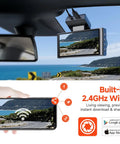 4K and 1080P Dual Dash Cam With 3.6 Inch IPS Touch Screen Front And Rear Cameras Built In WiFi mounted inside car showing road view