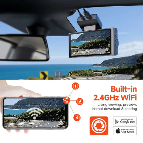 4K and 1080P Dual Dash Cam With 3.6 Inch IPS Touch Screen Front And Rear Cameras Built In WiFi mounted inside car showing road view