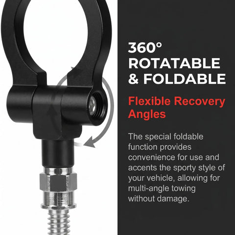 Straight Up Tough Car Front Bumper Tow Hook And Racing Style Screw On Trailer Pull Ring Heavy Duty Alloy Foldable D Ring close-up view of 360° rotatable foldable D-ring