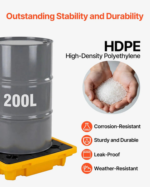 200L drum on Low Profile Spill Containment Pallet For One Drum Built Tough Modular Platform With Drain 11.4 Gallon Sump