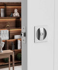 Two Pack Brushed Nickel Privacy Pocket Door Lock Set With Square Handles for Sliding Pocket Doors installed on a white door