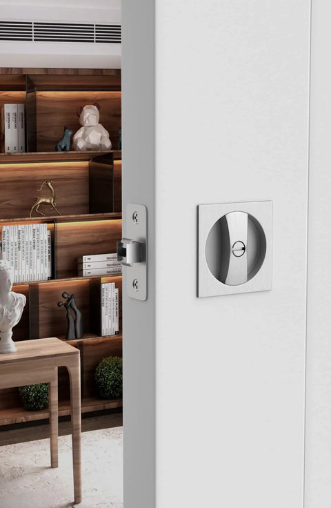 Two Pack Brushed Nickel Privacy Pocket Door Lock Set With Square Handles for Sliding Pocket Doors installed on a white door
